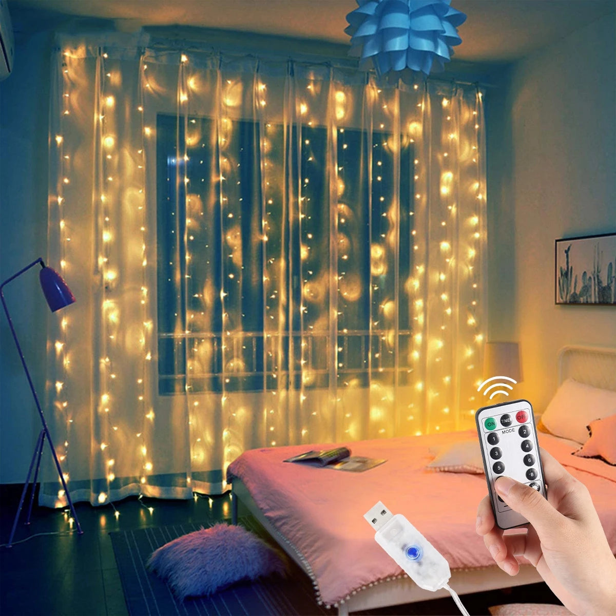 rideau lumineux led blanc chaud blanc froid multicolore points lumineux moderne télécommande câble usb