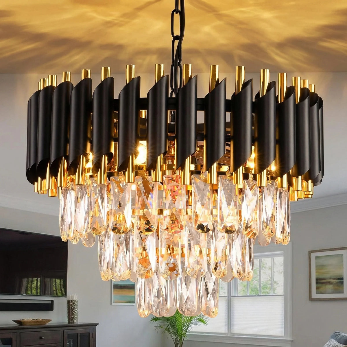 lustre moderne cristal noir doré effet gouttes pluie niveaux led variable salon chambre