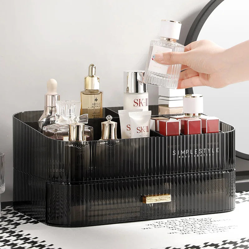 organisateur maquillage boîte rangement bijoux noir rayures moderne respectueux environnement cosmétiques flacon crème rouge