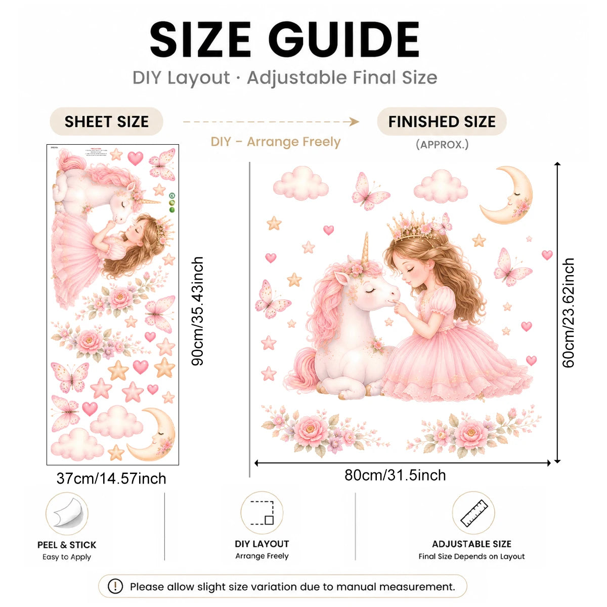 Stickers muraux princesse licorne rose blanc papillons coeurs fleurs nuages lune enfantin