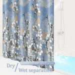 rideau douche moderne fleurs blanches bleu clair polyester texturé respectueux environnement suspension