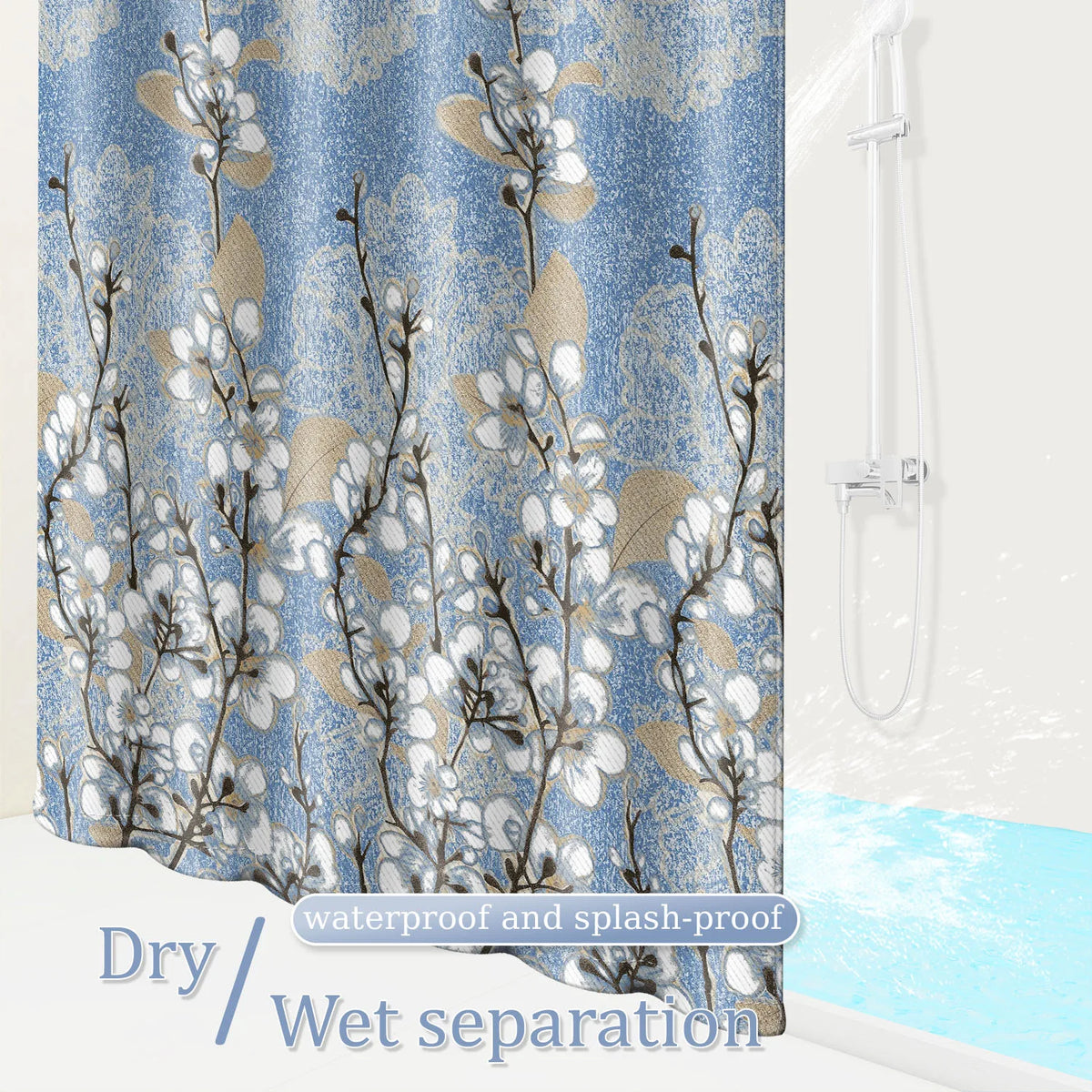 rideau douche moderne fleurs blanches bleu clair polyester texturé respectueux environnement suspension