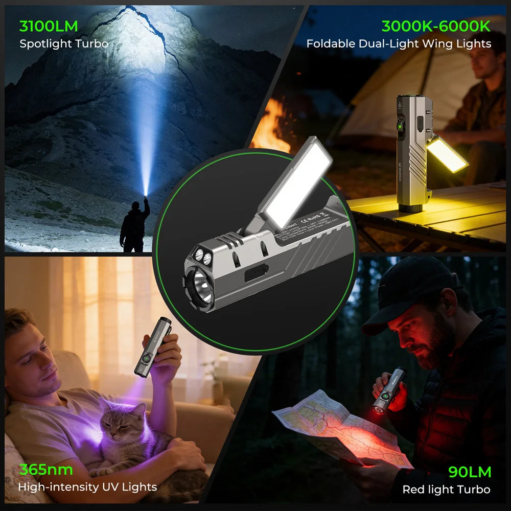 lampe poche multifonctionnelle rechargeable gris argenté panneau lumineux pliable trépied rainures horizontales