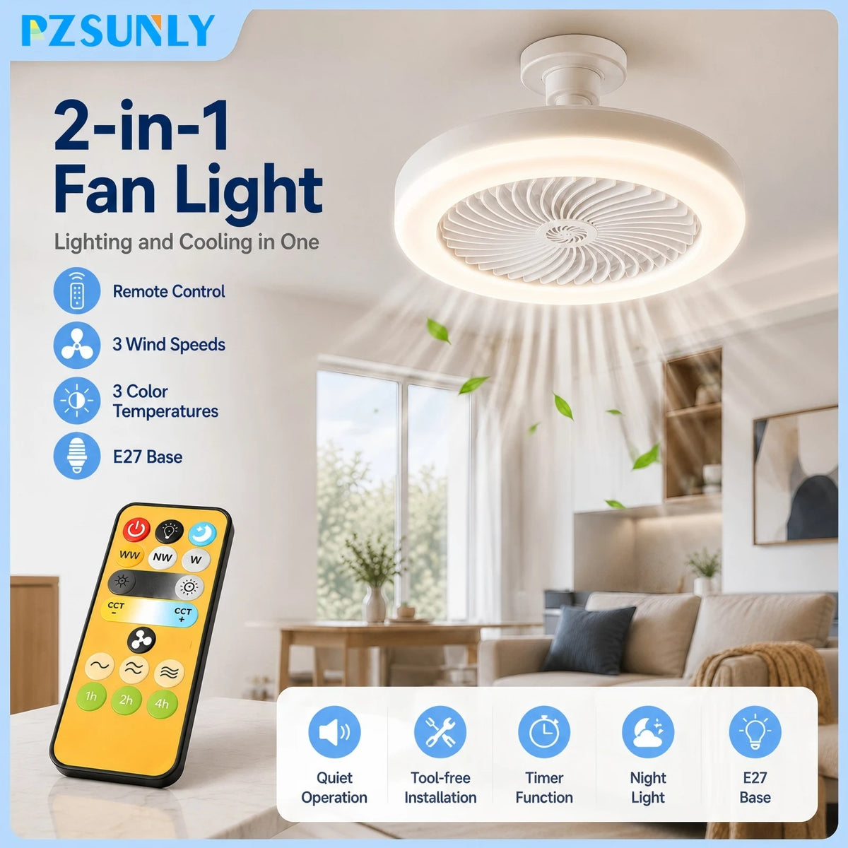 ventilateur plafonnier moderne lampe led blanc télécommande base e27 certification vde ul rohs