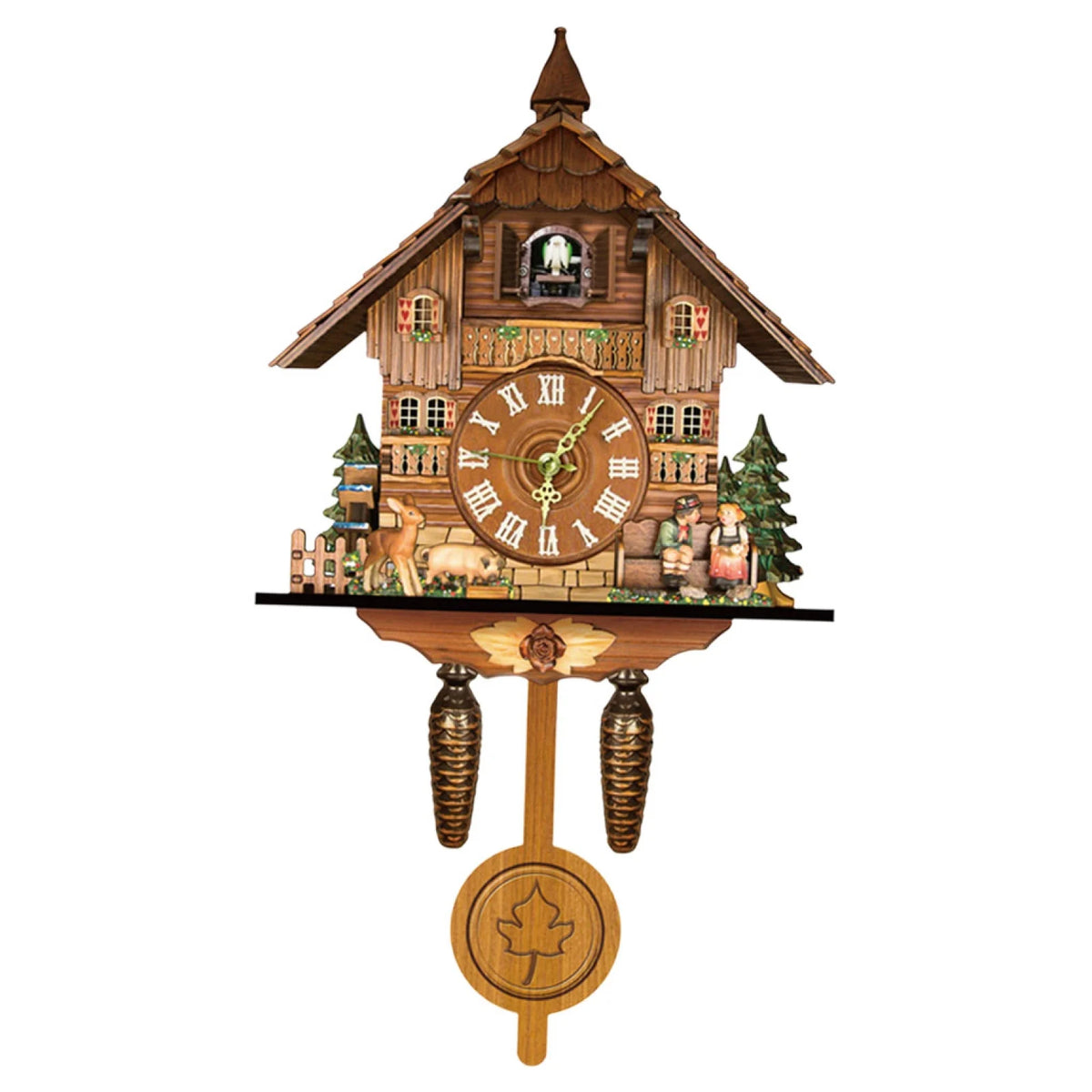 horloge murale pendule bois naturel village traditionnel personnages animaux maison arbre déco salon
