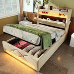 Lit simple 90x200 avec tête de lit rangement et éclairage LED 360° en couleur beige