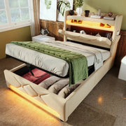 Lit simple 90x200 avec tête de lit rangement, ports USB/Type-C et éclairage LED 360°