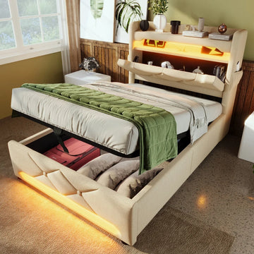 Lit simple 90x200 avec tête de lit rangement et éclairage LED 360° en couleur beige