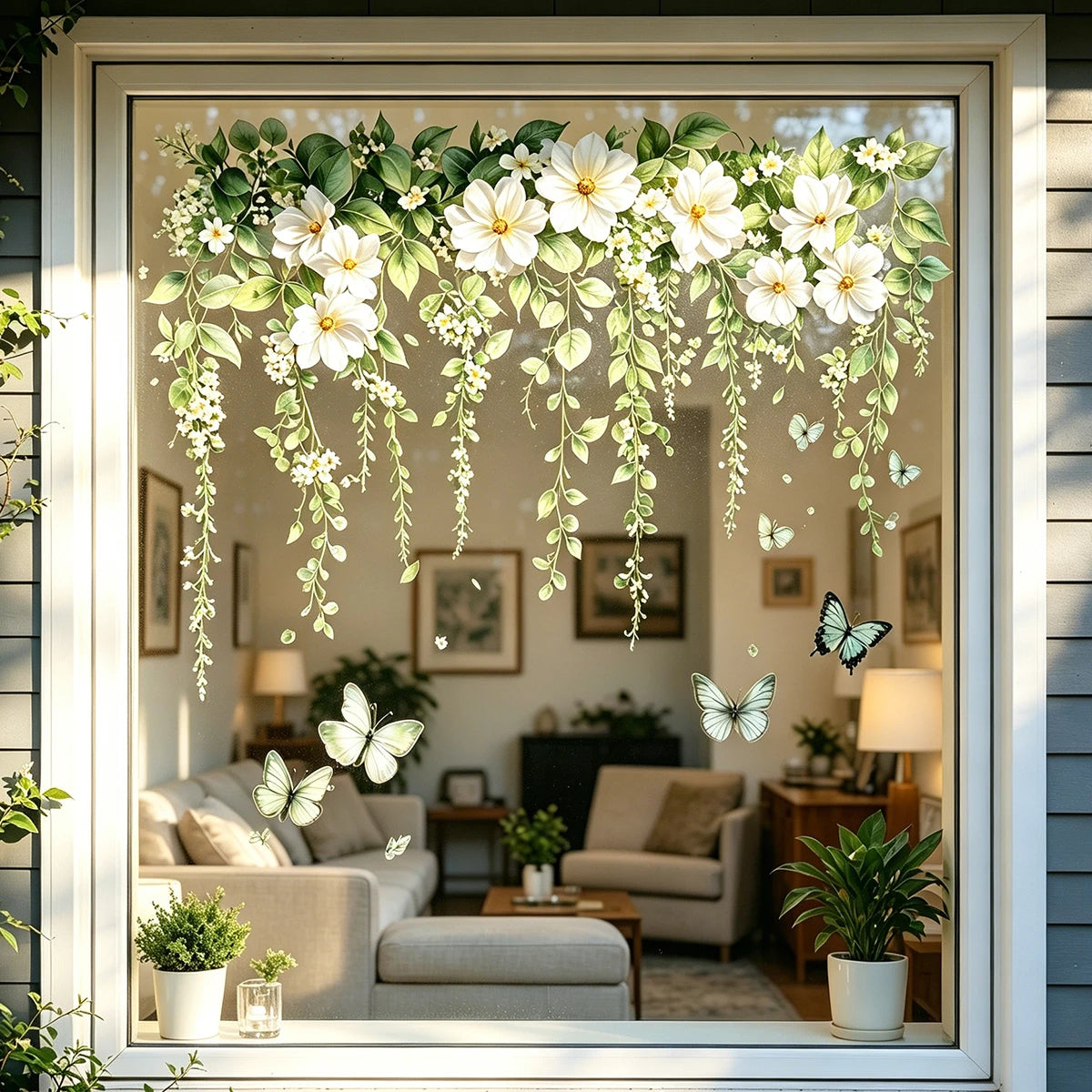 autocollant mural floral romantique fleurs blanches papillons feuilles vertes chambre salon naturel adhésif pvc