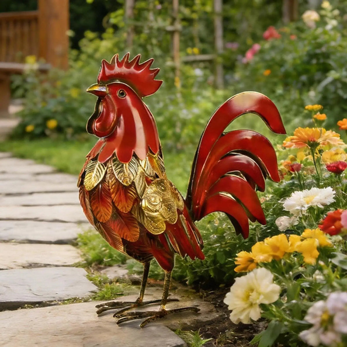 statuette coq rouge or blanc extérieure plumes rustique pieds métal apparent