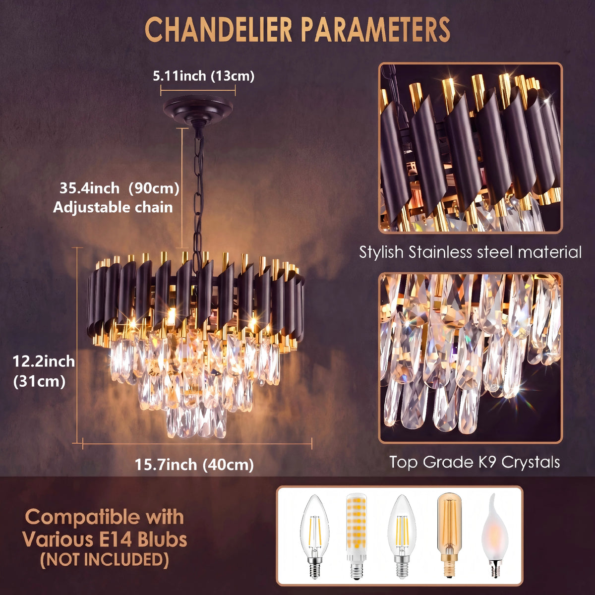 lustre moderne cristal noir doré effet gouttes pluie niveaux led variable salon chambre