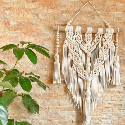 Tenture murale macramé bohème tissée main en coton blanc