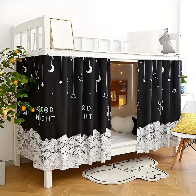 rideau lit mezzanine motif étoiles montagnes lune nuit opacité totale décoration enfantine attaches crochets