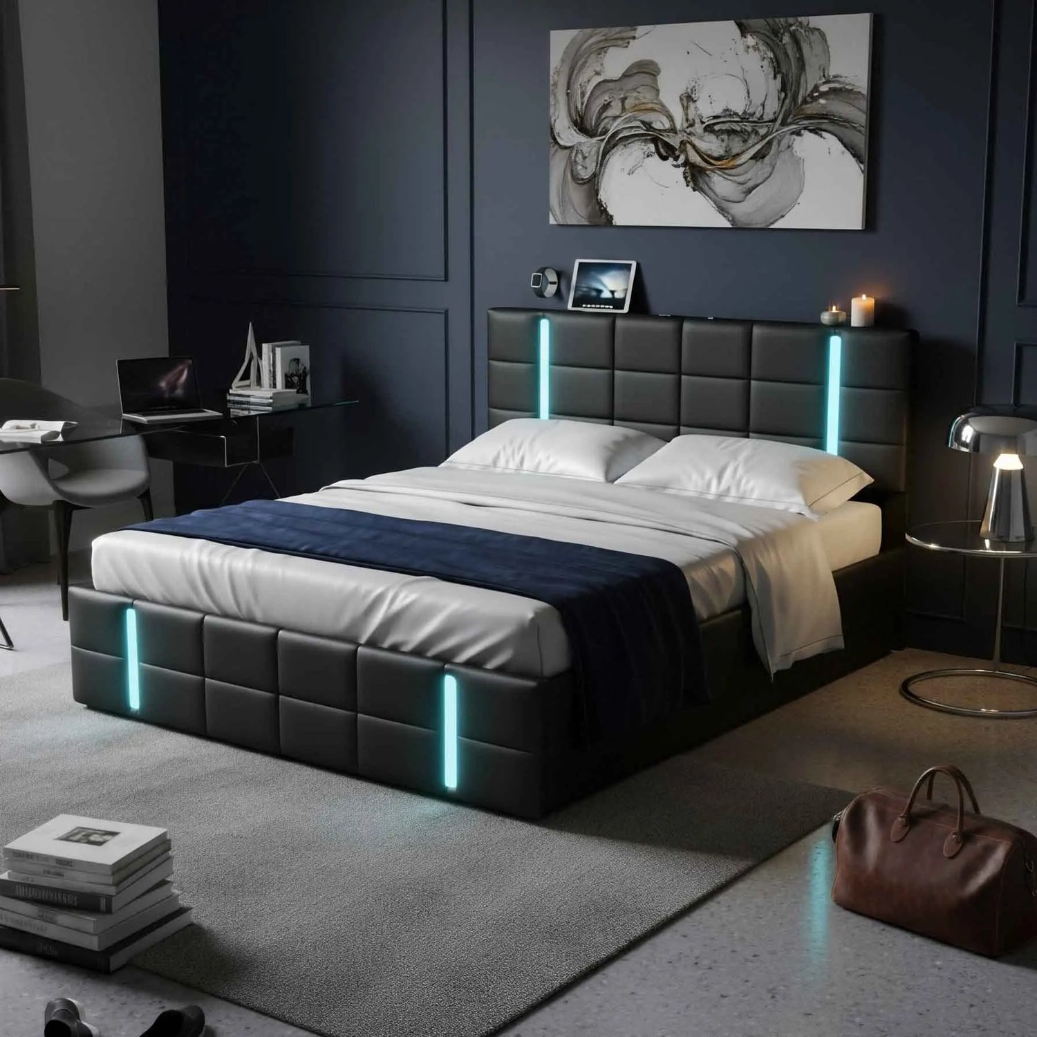 Vue de côté du lit coffre montrant les bandes LED verticales sur tête et pied de lit