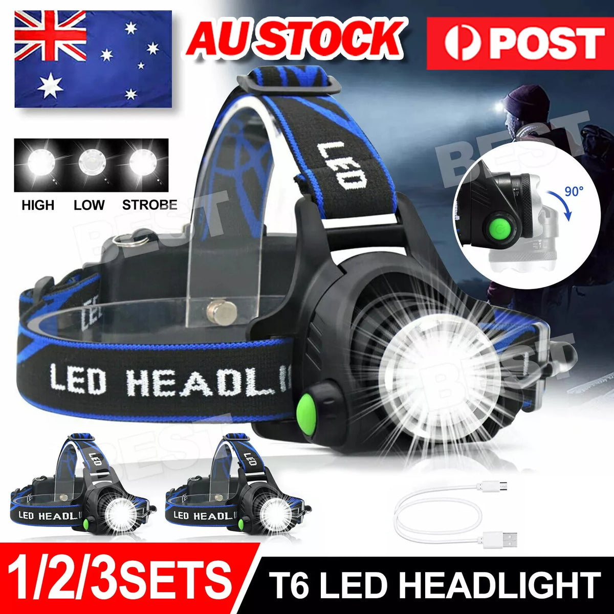 lampe frontale led noir bleu rayures bandeau ajustable batteries incluses