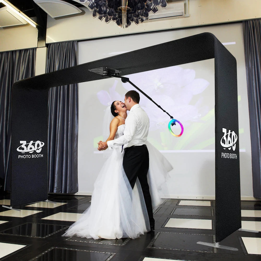 photobooth portable 360 rotation noir moderne éclairage rgb accessoires télécommande masques props événements mariage