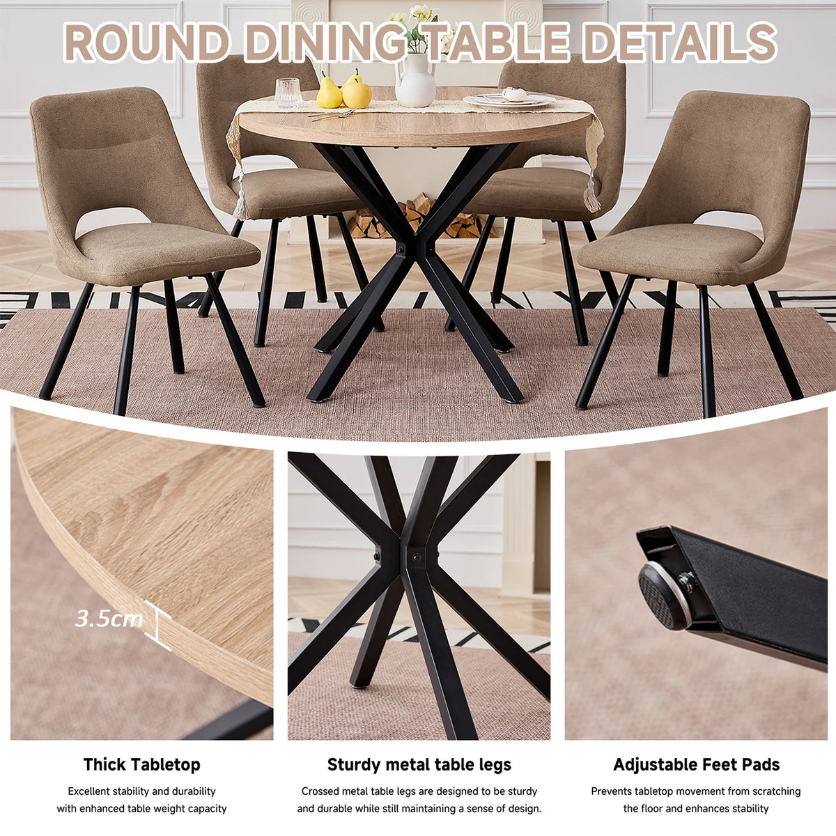 table ronde moderne bois naturel structure métallique noire chaises incluses diamètre 100cm hauteur 76.5cm