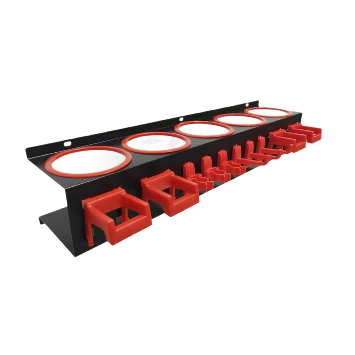 support mural bouteilles nettoyant noir rouge clips organisation garage pratique fonctionnel