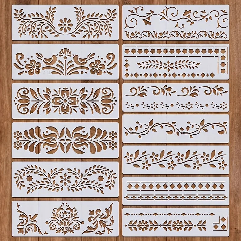 stencils peinture motifs floral ornements blanc brun artisanal décoration murale bricolage