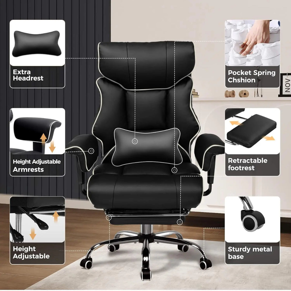 fauteuil noir simili cuir moderne roulettes oreiller supplémentaire basse hauteur