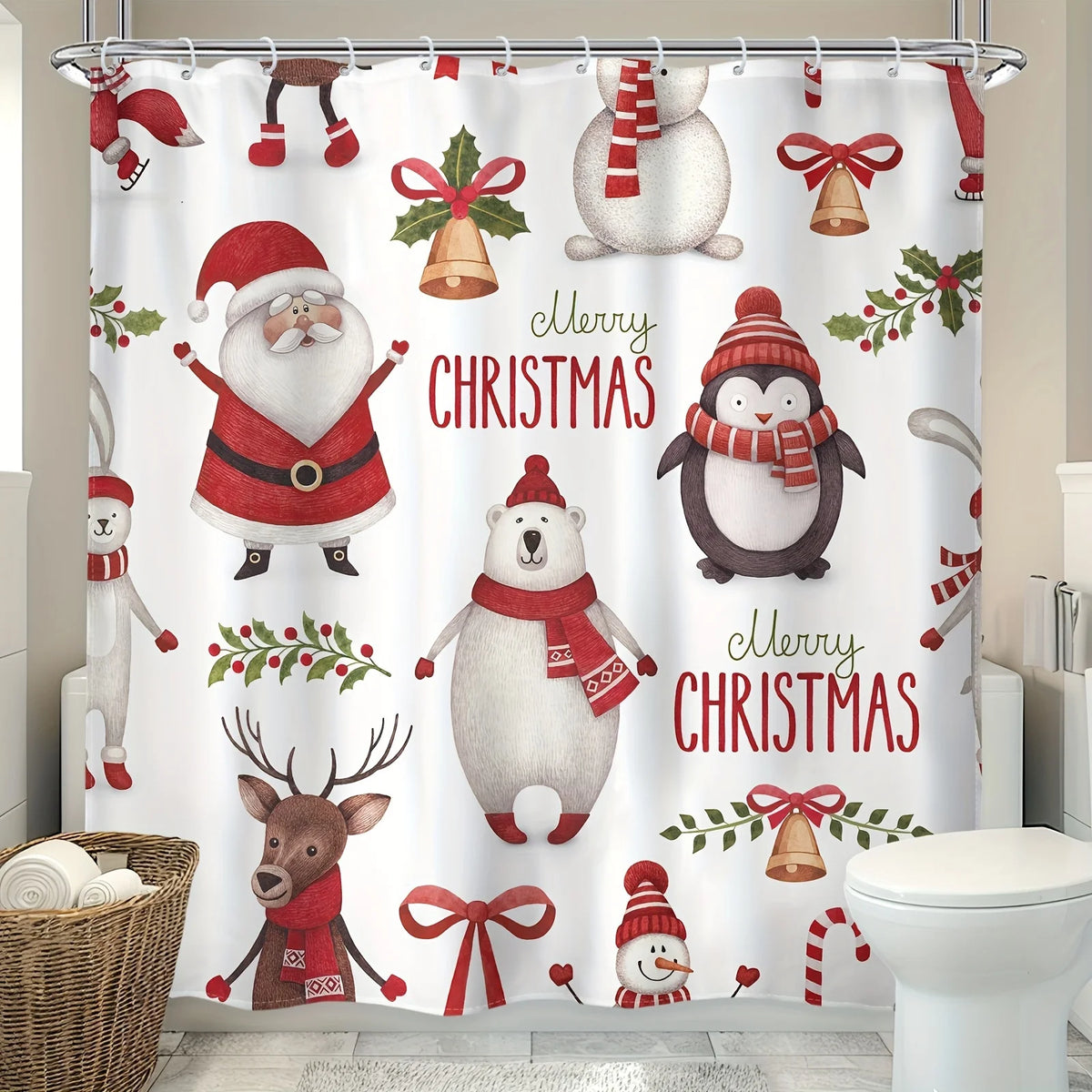 rideau douche noël santa renne ours polaire métalliques motifs festifs opaques polyester