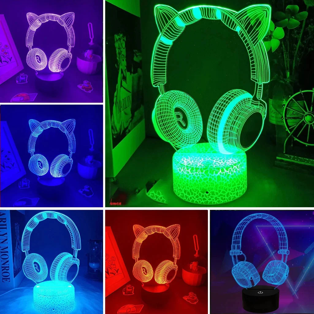 lampe led 3d casque audio oreilles chat veilleuse chambre enfant décoration lumineuse