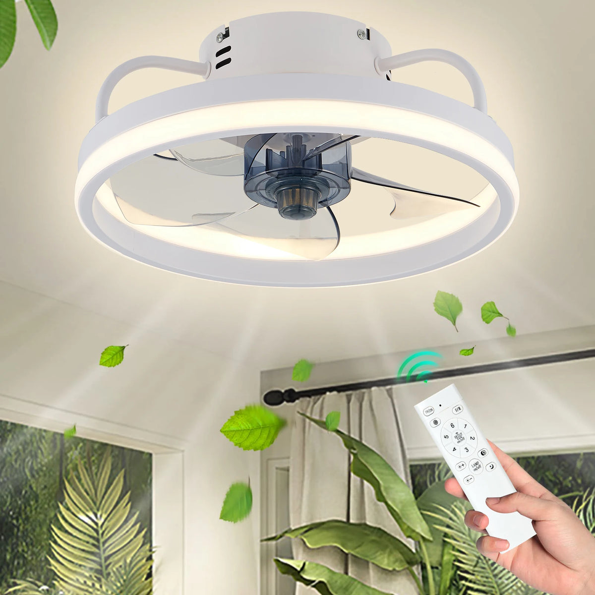 ventilateur moderne led 55w 4400lm 33cm blanc gris télécommande minimaliste 2lumieres