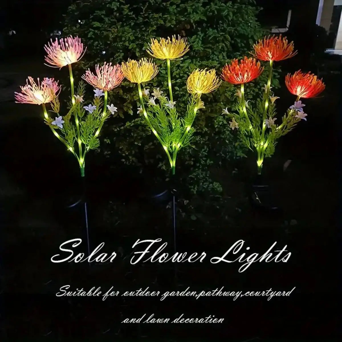 lumière solaire fleur vert rose jaune moderne tige transparente pétale lumineux extérieur jardin decoration