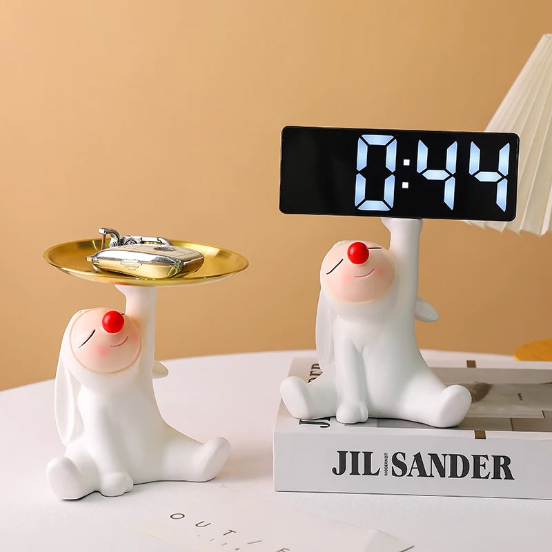 porte clés moderne figurine blanche oreilles tombantes plateau doré horloge digitale clé décoration table