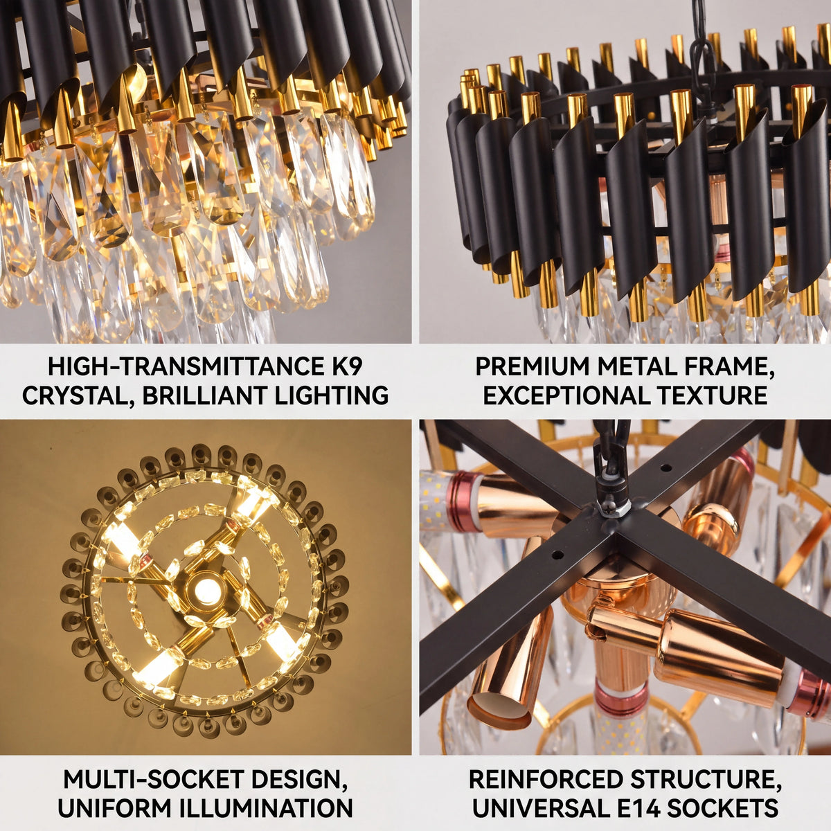 lustre moderne cristal noir doré effet gouttes pluie niveaux led variable salon chambre