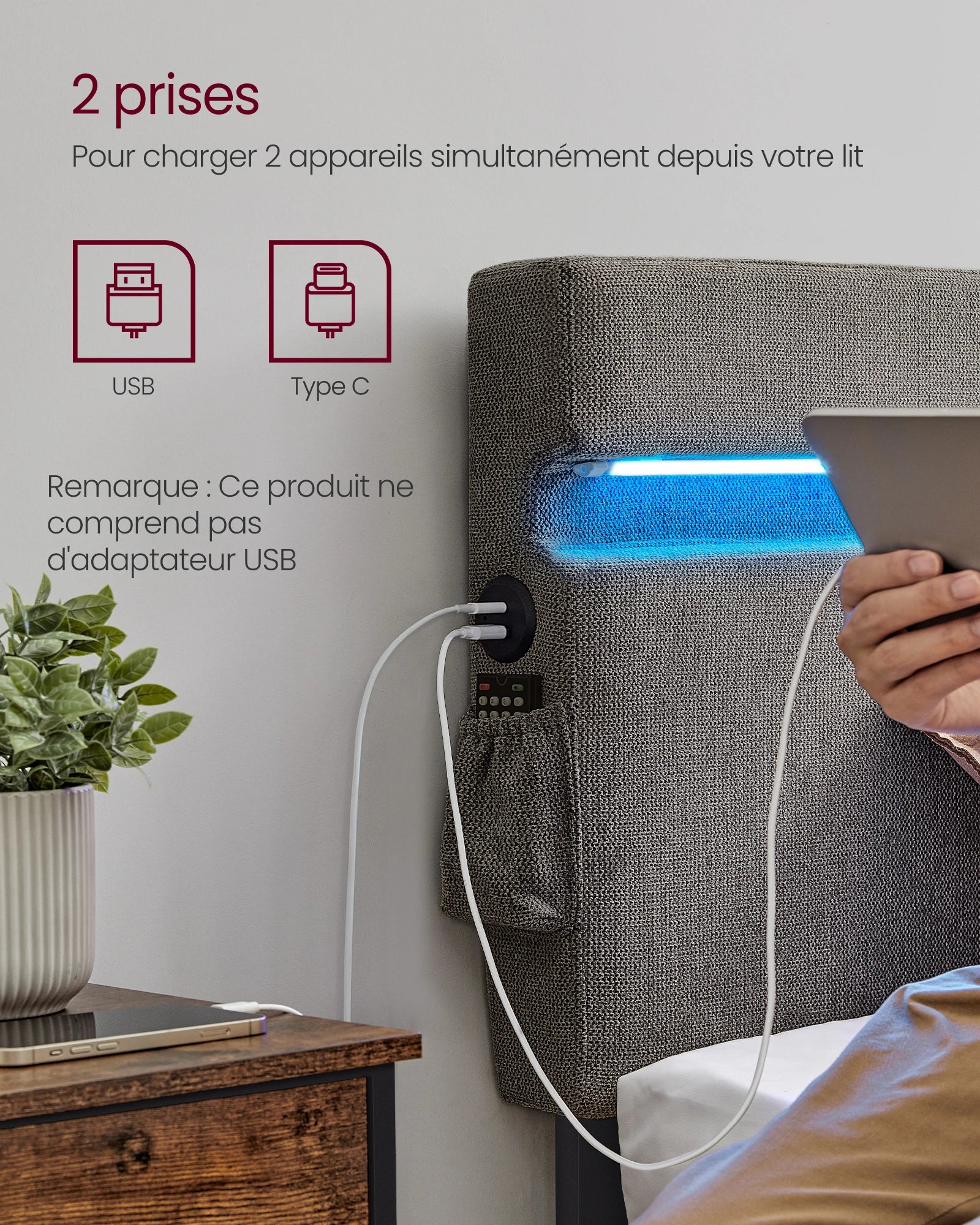 Prises USB et Type-C intégrées au lit pour recharge pratique