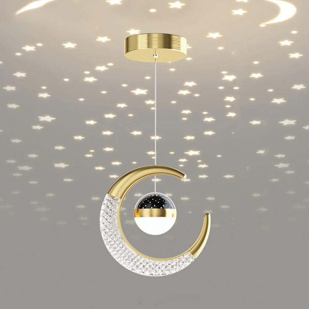 lampe suspendue moderne or noir étoiles croissant lune cristal spatial décoration chambre salon