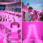 Guirlande lumineuse rose décorée sur un mur blanc