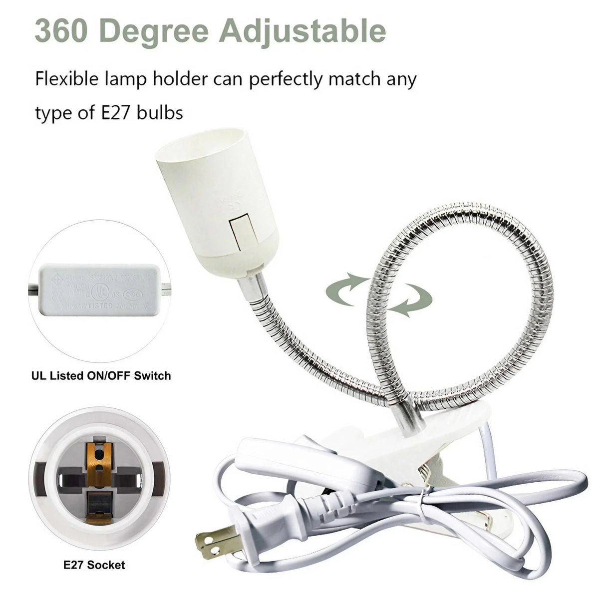 lampe pince flexible blanc moderne socle E27 interrupteur filaire prise US EU minimaliste