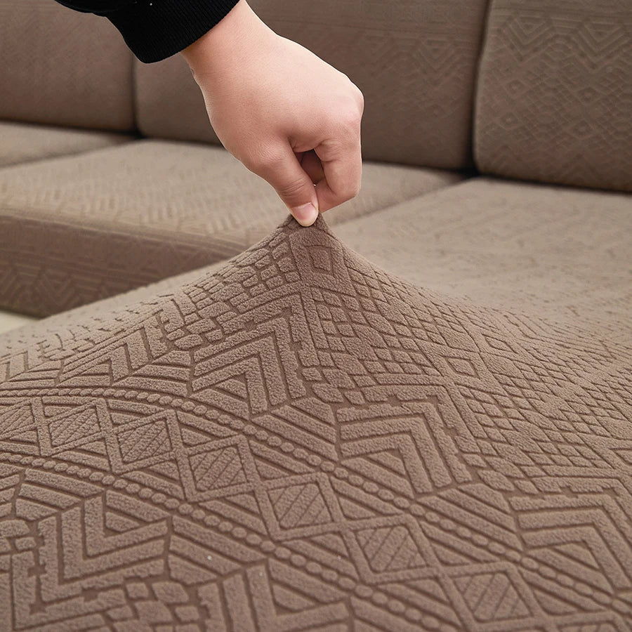housse canapé lit marron clair jacquard motif géométrique extensible protection salon chambre moderne