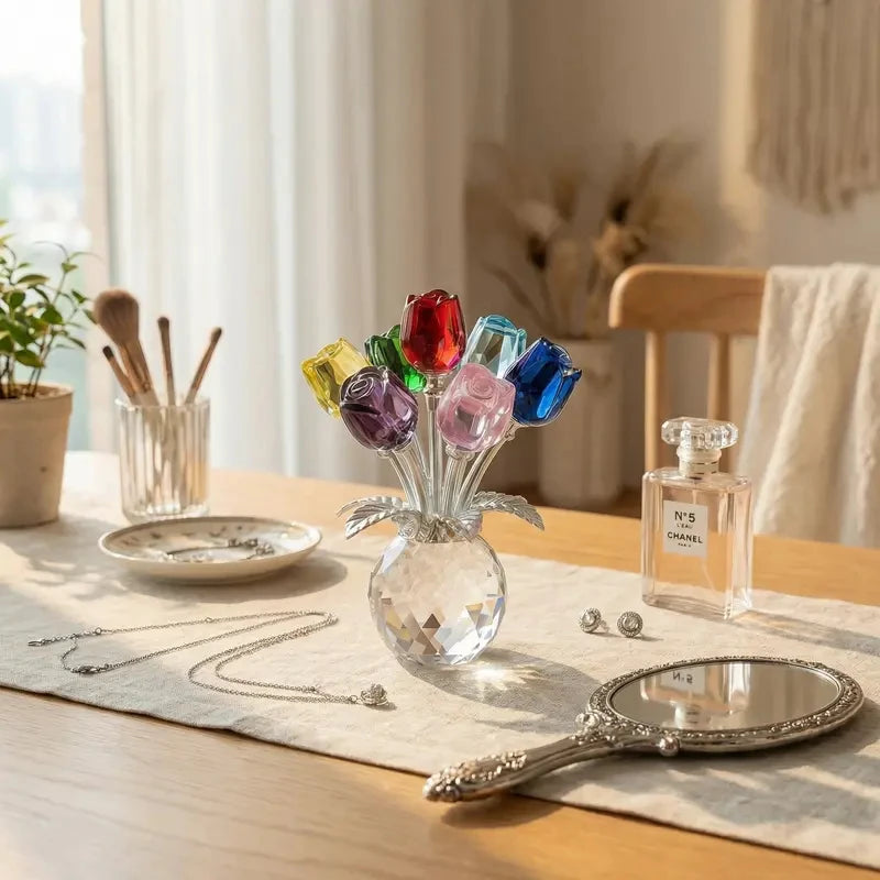 bouquet roses artificielles couleur transparent vase verre moderne décoratif rouge jaune violet bleurose