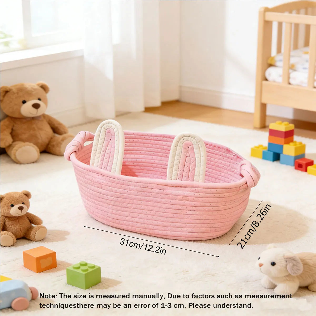 panier rangement tissu coton rose blanc bleu motif tresses décoratif enfant anneaux métalliques prénom