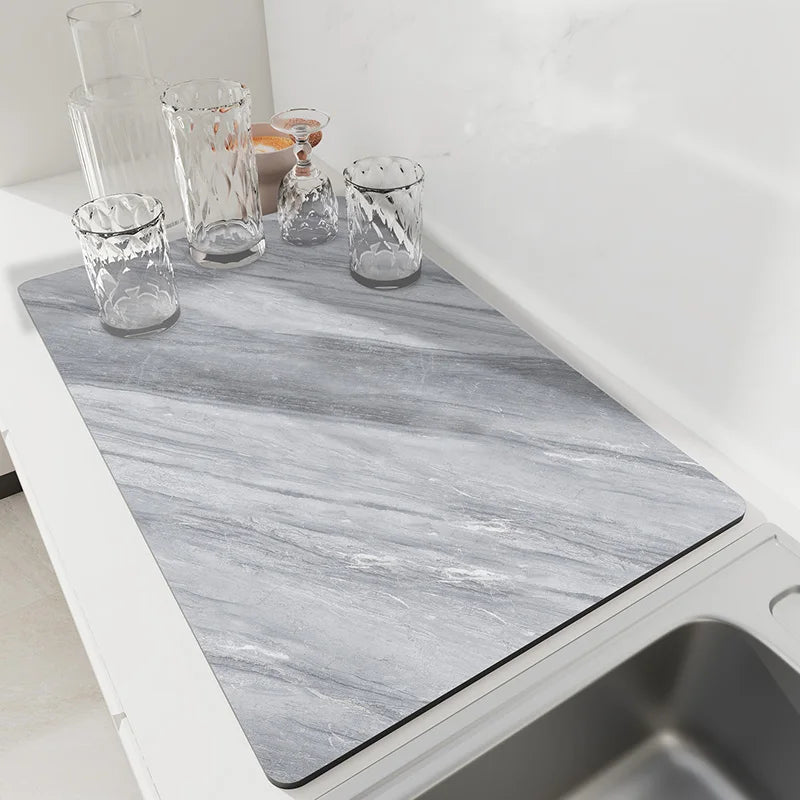 tapis cuisine absorbant diatomite marbre gris vert séchage vaisselle évacuation eau
