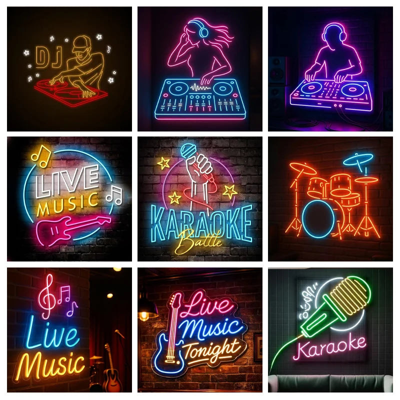 Enseigne néon personnalisée avec éclairage bleu dans un salon moderne