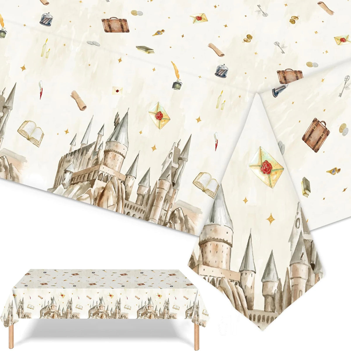 nappe table thème harry potter château livres lettres blanc beige doré imperméable usage uniqueextérieur