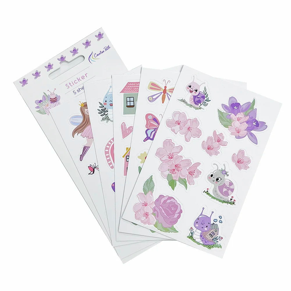 sticker adhésif dessin animé fleurs papillons coeurs maison insectes rose violet vert blanc
