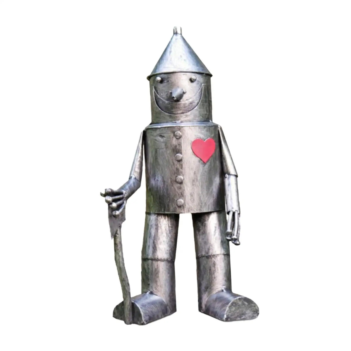 statue homme fer oz extérieur jardin moderne argenté rouge métal plaques rivetées bâton cœur