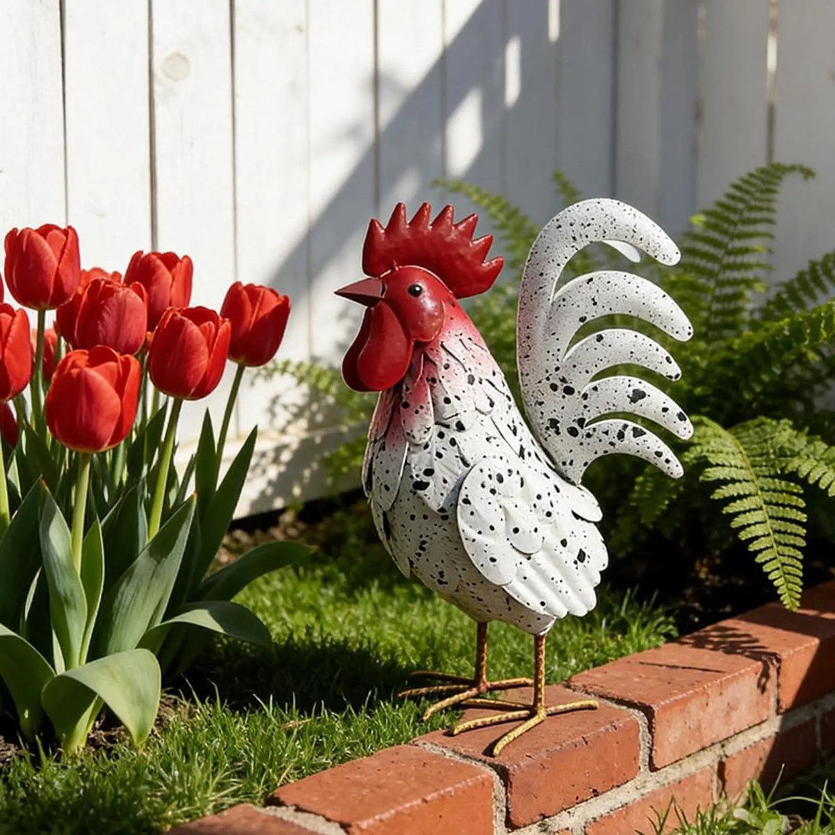 statuette coq rouge or blanc extérieure plumes rustique pieds métal apparent