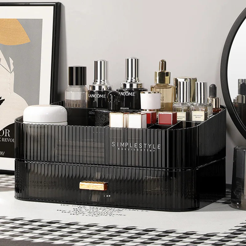 organisateur maquillage boîte rangement bijoux noir rayures moderne respectueux environnement cosmétiques flacon crème rouge