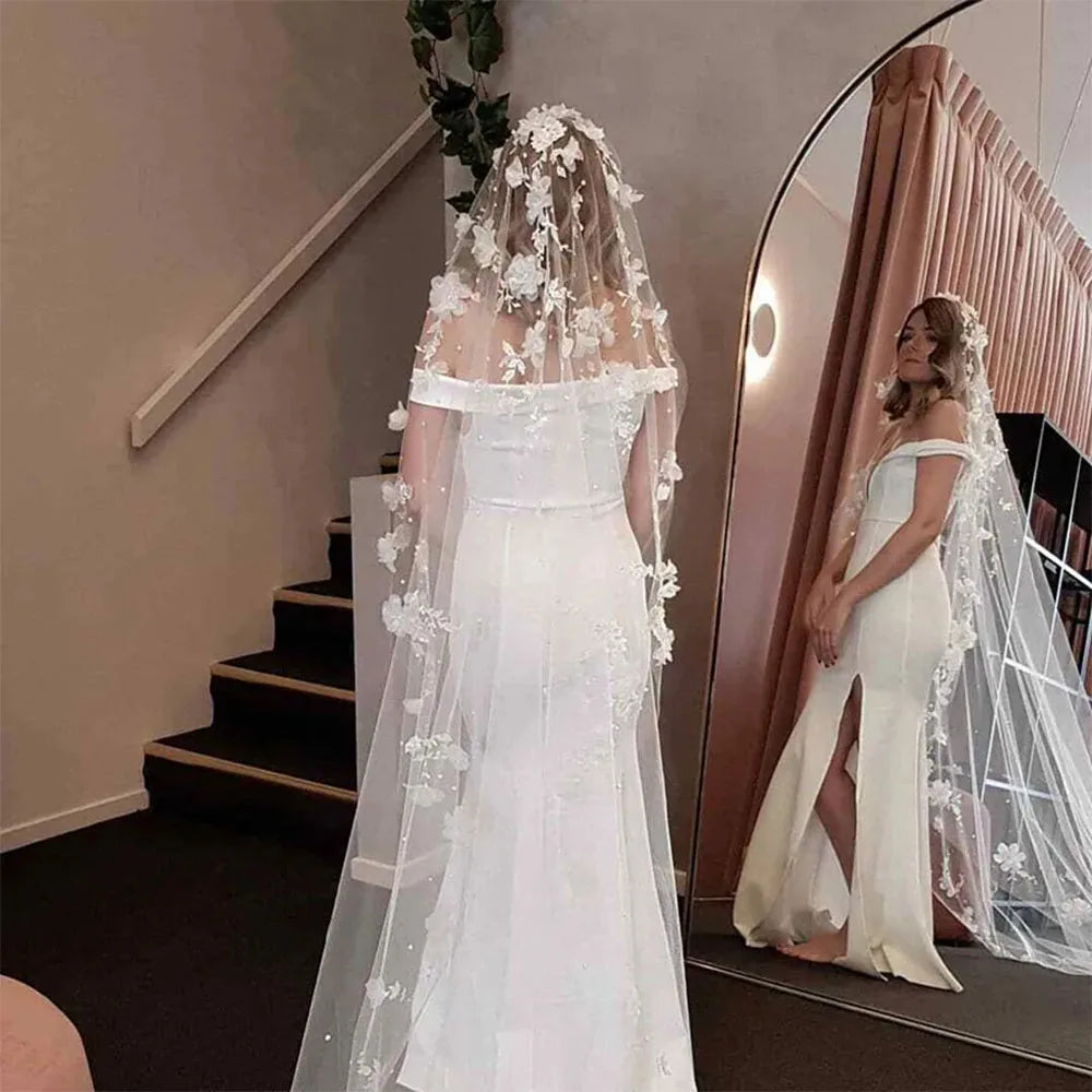voile mariée blanc fleurs blanches romantique bord coupé transparent polyestère