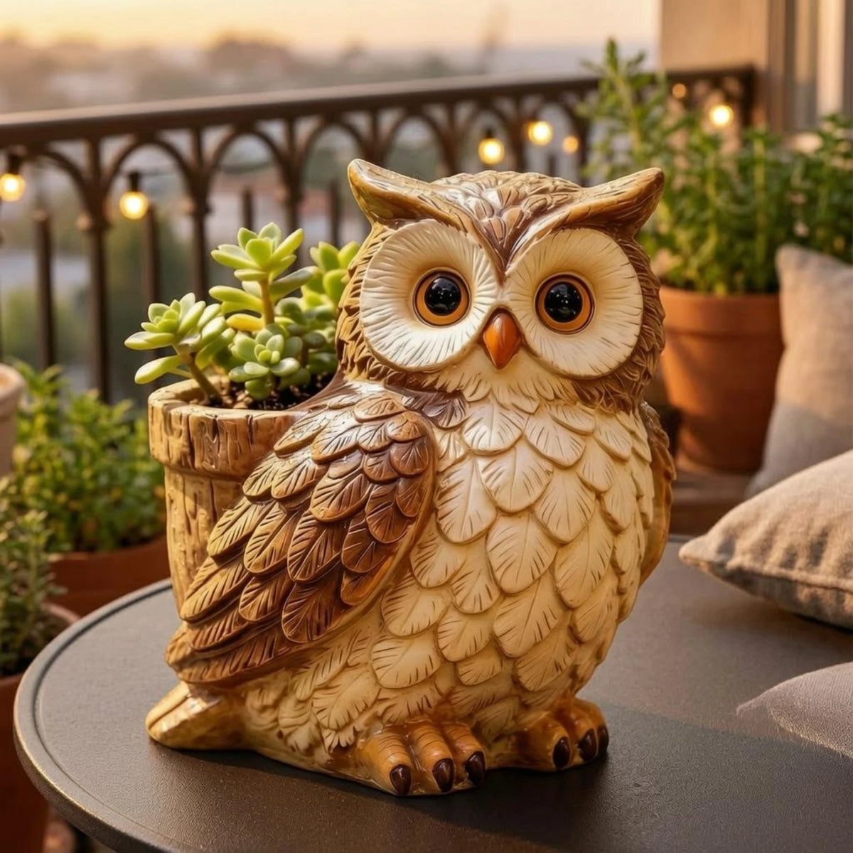 statue oiseau hibou plumes détaillées yeux ouverts moderne jardin patio balcon succulente marron clair