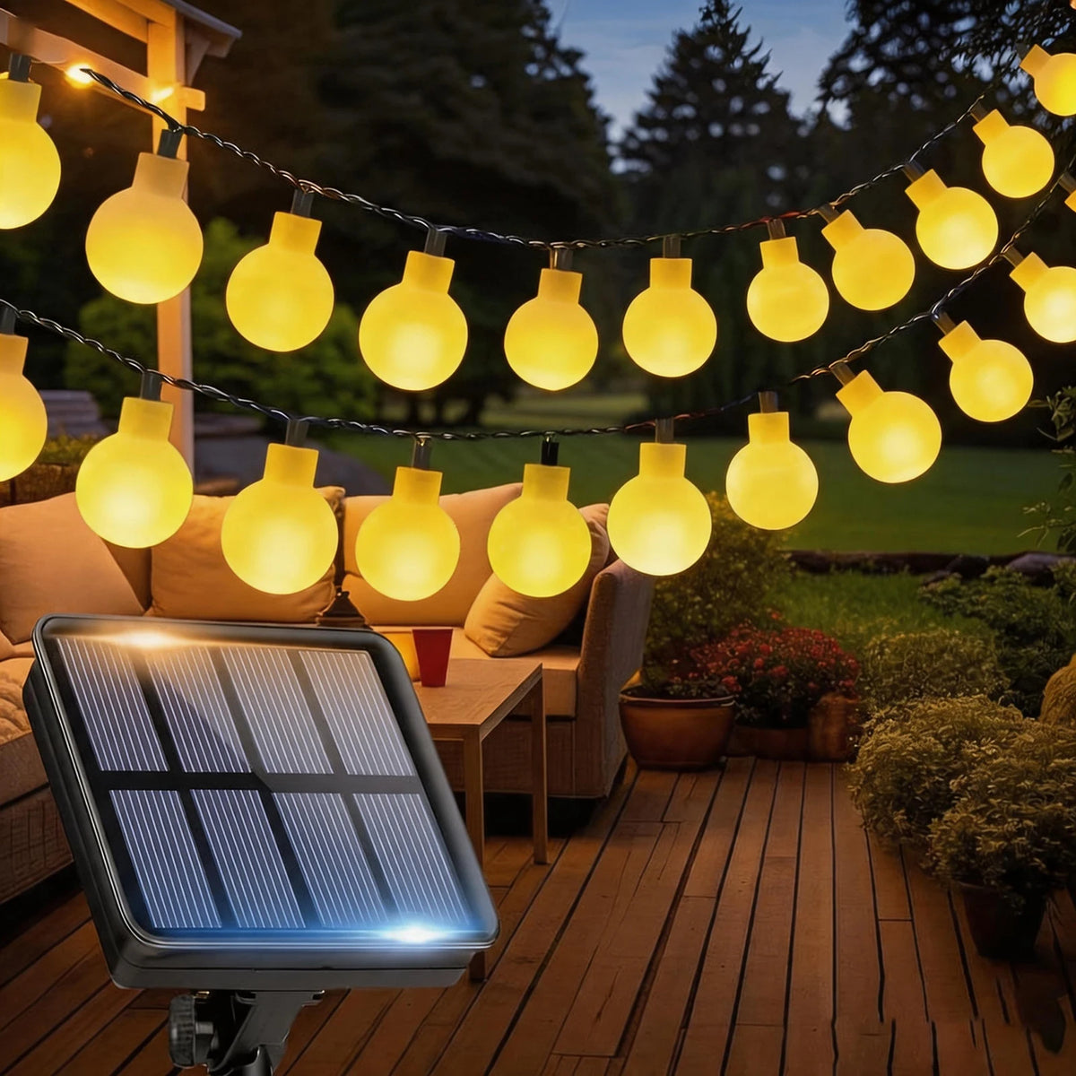 guirlandes solaires extérieures 100 led 50 led 20 led globes opaques jaune orangé panneau