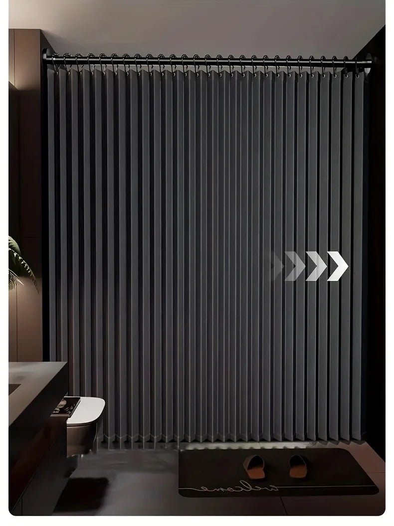 rideau douche pliable invisible gris rayures vertical opacité moderne anneau support mural polyester tufté