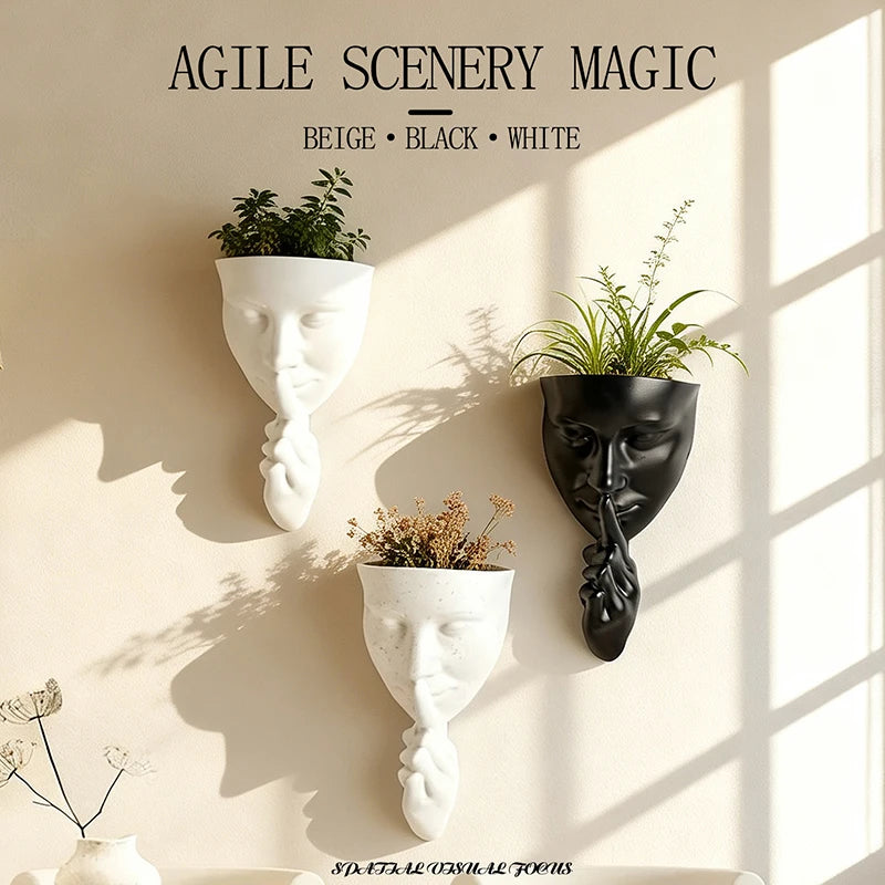 décoration murale moderne cache plantes masque blanc noir résine art contemporain texture granuleuse
