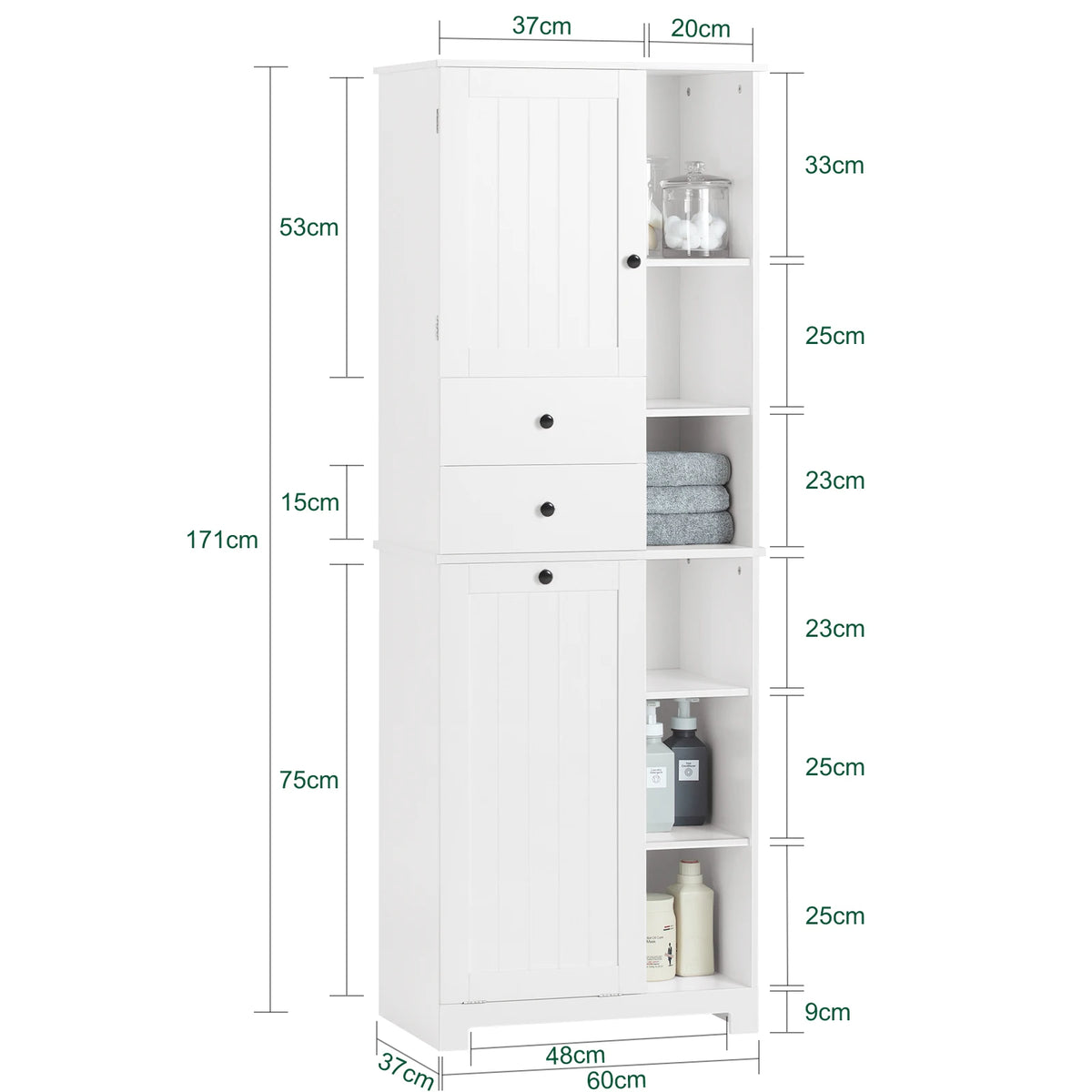 Détail du rangement avec porte et tiroir de l'armoire de salle de bain